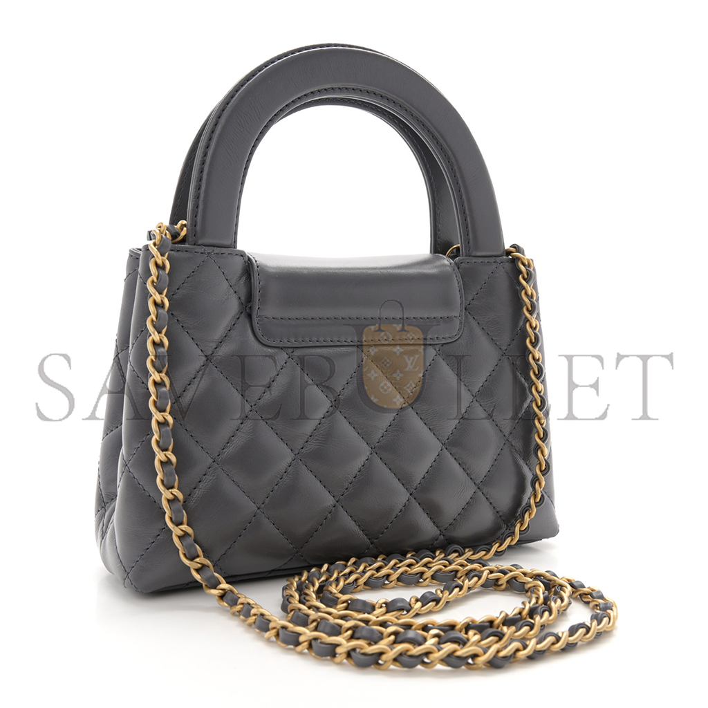 CHANEL MASTER KELLY BAG QUILTED GREY SHINY CALFSKIN AGED GOLD HARDWARE  (19*13*7cm)